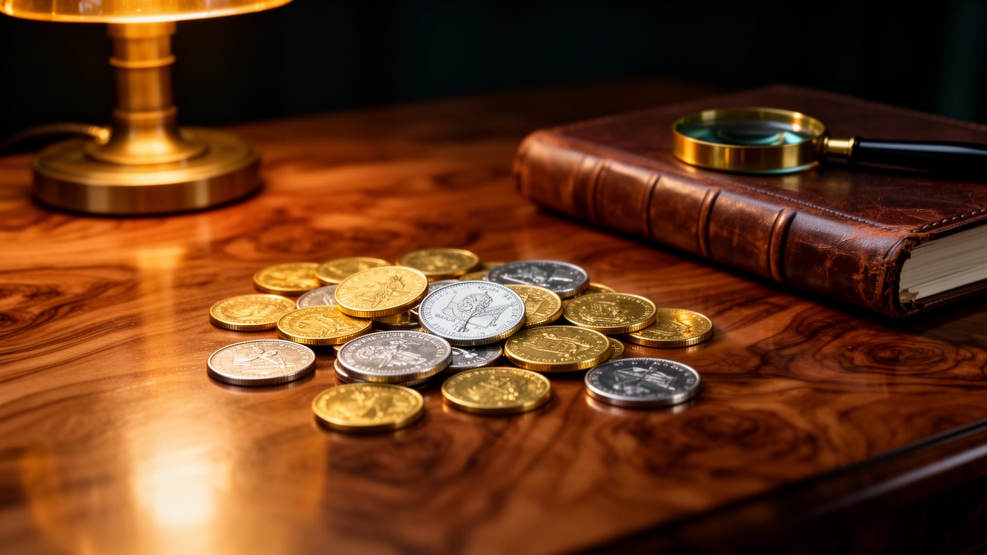 Gold and silver coins on a walnut table